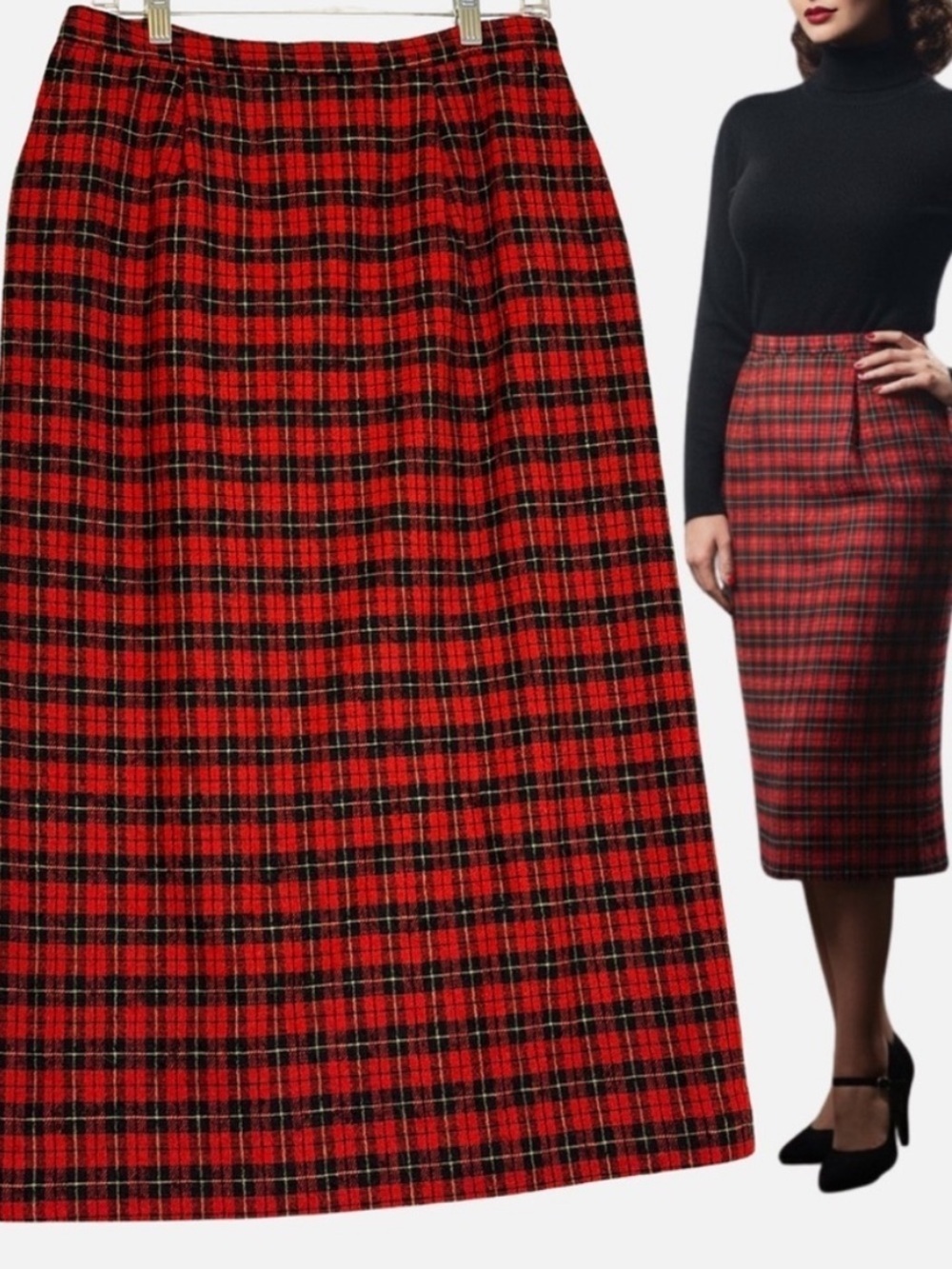 Pendleton VTG 90's Wool Pencil Skirt Red Black Tartan Plaid 12T Academia Holiday